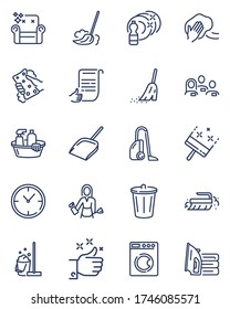 Cleaning service thin line icons set. Outline pictograms of mop, broom, bucket, squeegee and brush isolated vector illustration collection. Housework and laundry concept