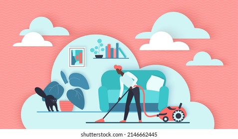 Cleaning service. Tiny man housekeeping, character working with vacuum cleaner to clean dirty carpet of home living room from dust 3d flat vector illustration. Housework, cleanup, hygiene concept