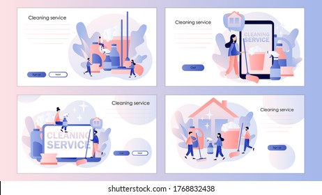 Servicio de limpieza. Pequeñas personas limpian casa. Herramienta de limpieza. Plantilla de pantalla para teléfono móvil inteligente, página de inicio, plantilla, ui, web, aplicación móvil, afiche, banner, volante. Estilo moderno de dibujos animados planos. Vector 