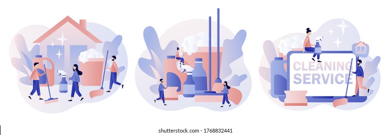 Cleaning service. Tiny people clean house. Professional hygiene service for domestic households. Set cleaning tool. Modern flat cartoon style. Vector illustration on white background