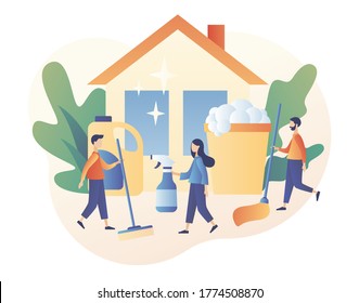 Cleaning service. Tiny people clean house with cleaning tools. Professional hygiene service for domestic households. Modern flat cartoon style. Vector illustration on white background