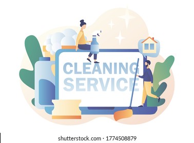 Cleaning service. Tiny people clean house with cleaning tools. Online professional hygiene service for domestic households. Modern flat cartoon style. Vector illustration on white background