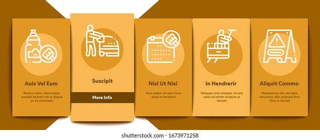 Cleaning Service Tool Onboarding Mobile App Page Screen Vector. Liquid For Clean Window And Wash Floor, Vacuum Cleaner And Bucket Cleaning Service Color Contour Illustrations