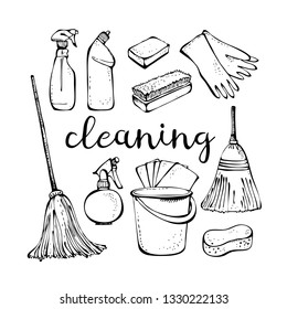 Cleaning service tools isolated on white background, housework collection