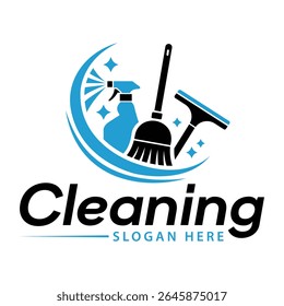 Logotipo de ferramentas de serviço de limpeza com Spray Bottle Broom e ícone Squeegee
