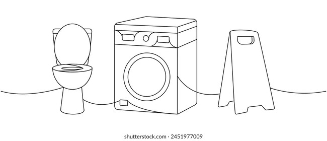 Cleaning service tools one line continuous drawing. Toilet bowl, washing machine, accident prevention sign continuous one line illustration.