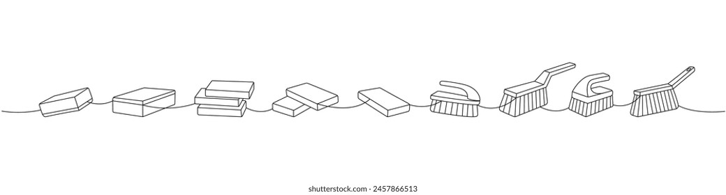 Herramientas de servicio de limpieza de una línea de dibujo continuo. Esponjas, paños, cepillos continuos ilustración de una línea. Ilustración lineal de Vector.