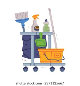 Cleaning Service Trolley or Cart with Detergents, Broom, Bucket and Mop Vector Illustration