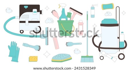 Cleaning service. Vacuum, bucket gloves and brushes with bottles for cleanup. House wash tools set isolated on white background. Vector flat with outline illustration.