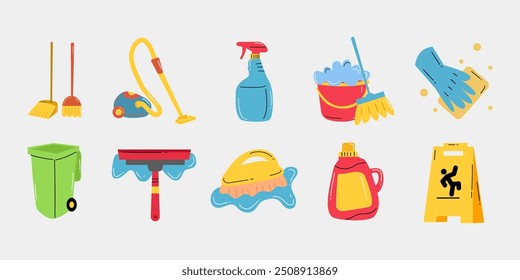 Cleaning Service Various Cleaning items. Housework concept Hand Drawn. Vector illustration	