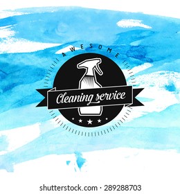 Cleaning service vector badge with spray and ribbon at blue watercolor background