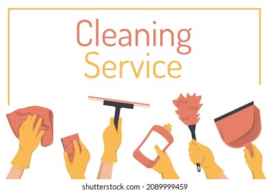 Cleaning service vector banner isolated. Many hands in gloves with different tools for domestic work. Sponge, detergent, feather duster.