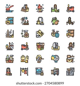 Servicio de limpieza Colección de Vector — Iconos, equipos, suministros y Profesional Elementos de limpieza