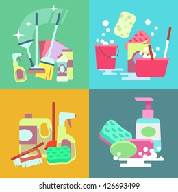 Cleaning service vector concept background set. Sponge and sweep for cleaning, element duster bucket and brush to cleaning illustration