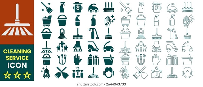 Cleaning service vector icon set in editable line and shape style symbol. The icon on maid, brush, vacuum cleaner, hygiene, laundry, housekeeping, domestic life and many more. 
