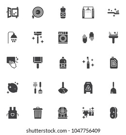 Cleaning service vector icons set, modern solid symbol collection, filled style pictogram pack. Signs, logo illustration. Set includes icons as open clean window, watering hose, detergent bottle