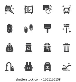 Cleaning service vector icons set, modern solid symbol collection, filled style pictogram pack. Signs, logo illustration. Set includes icons as protective gloves, garbage bag, apron,  house cleaning