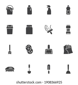 Cleaning service vector icons set, modern solid symbol collection, filled style pictogram pack. Signs, logo illustration. Set includes icons as sponge, laundry, toilet brush, trash bin, detergent