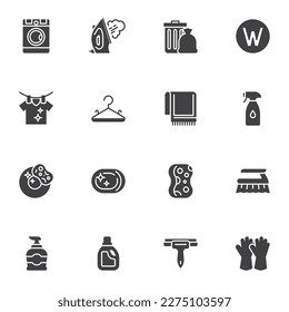 Cleaning service vector icons set, modern solid symbol collection, filled style pictogram pack. Signs, logo illustration. Set includes icons as laundry, washing machine, dishwashing, detergent bottle