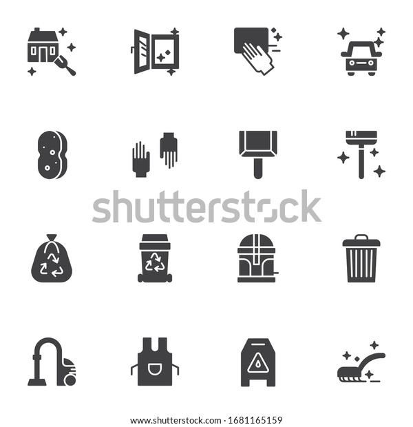 Cleaning service vector icons set, modern solid\
symbol collection, filled style pictogram pack. Signs, logo\
illustration. Set includes icons as protective gloves, garbage bag,\
apron,  house\
cleaning