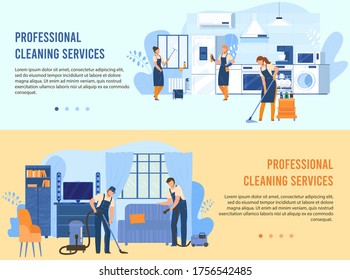 Cleaning service vector illustration. Cartoon flat worker people in uniform working with equipment for clean house apartment, home cleaners or housekeepers doing professional housework banner set