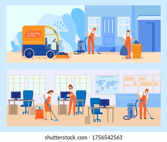 Ilustración vectorial de servicio de limpieza. Trabajadores planos de caricaturas trabajan en equipo en el corte, vaciado y barrido del suelo en la oficina moderna, personajes más limpios trabajando en la calle de la ciudad, basura eliminando conjunto de pancartas