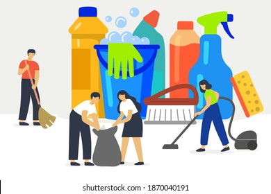 Cleaning service vector illustration concept Flat tiny dust and dirt washing Professional hygiene service for domestic households Sanitary chemical tools for laundry, floor, kitchen and toilet 
