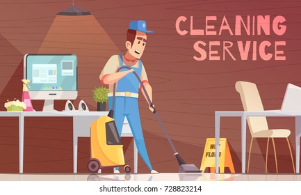 Cleaning service vector illustration with employee of cleaning company in uniform working with the vacuum cleaner in office room 