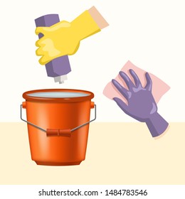 Cleaning service vector illustration. Poster template for house cleaning services with various cleaning tools. Hand in yellow glove with detergent and rag with bucket.