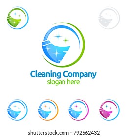 Cleaning Service vector Logo design, Eco Friendly with shiny broom and circle Concept isolated on white Background