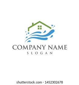 Cleaning service vector logo emblem or icon design template. Clean house and splash of water isolated illustration.