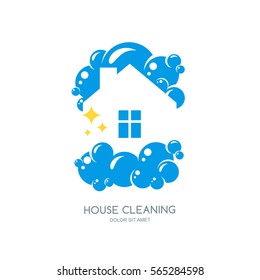 Cleaning service vector logo, emblem or icon design template. Clean house isolated illustration. Home with lather, soap foam and water drops.