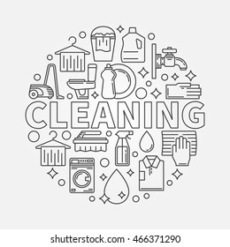 Cleaning service vector round illustration made with word CLEANING and thin line icons