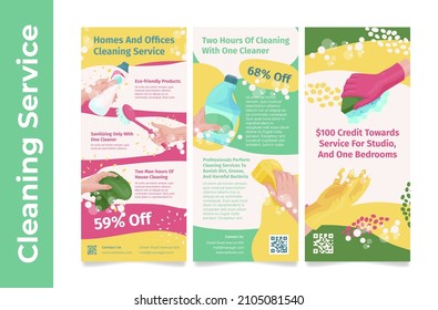 Cleaning service vertical flyer set vector flat illustration. Collection poster special offer sale discount maid sanitizing professional housekeeping hygiene. Household chores advertising promo