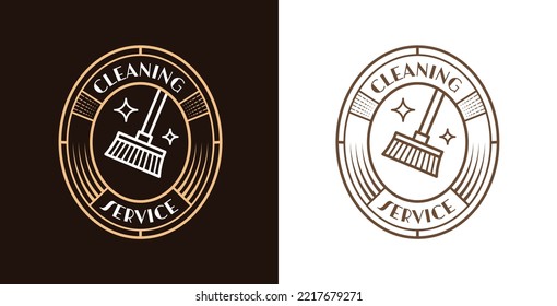 Cleaning service vintage logo design set, broom emblem symbol, clean job patch concept, cleaner retro editable commercial logotype, washer branding, isolated on background