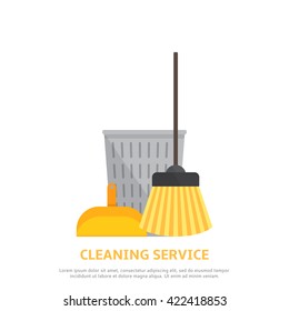 Cleaning Service Web Background In Flat Style. Vector Illustration With Scoop For Garbage, Broom, Basket.