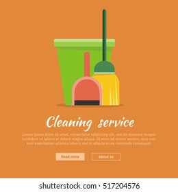 Cleaning service web banner. Bucket with duster, broom and dustpan icon. Symbols of clean in house. House washing equipment. Office and hotel cleaning. Housekeeping. Cleaning business concept. Vector