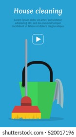 Cleaning service web banner. Bucket with duster and broom icon. Sign symbols of clean in the house. House washing equipment. Office and hotel cleaning. Housekeeping. Cleaning business concept. Vector