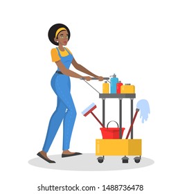 Cleaning service web banner concept. Woman in uniform with cleaning equipment. Detergent in bottle, mop and bucket. Vector illustration in flat style