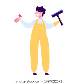 Cleaning service web banner concept. Man in uniform with cleaning equipment. Vector illustration in flat style