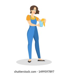 Cleaning service web banner concept. Woman in uniform with cleaning equipment. Vector illustration in flat style isolated