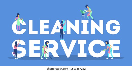 Cleaning service web banner concept. People with mop brush clean floor. Detergetn in bottle and sponge. Vector illustration in flat style