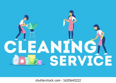 Cleaning service web banner concept. People with mop brush clean floor. Detergetn in bottle and sponge. Vector illustration in flat style