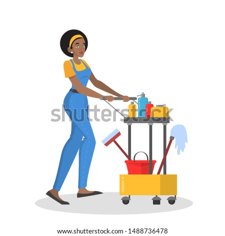 Cleaning service web banner concept. Woman in uniform with cleaning equipment. Detergent in bottle, mop and bucket. Vector illustration in flat style