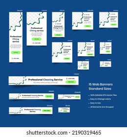 Diseño de banner web de servicio de limpieza, plantilla web Set, banner web de encabezado horizontal. Fondo de cabecera de cubierta de forma geométrica para diseño de banner web, banner de anuncios de cubierta de medios sociales, anuncios de Google, c vertical