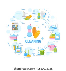Cleaning service web banner. Housekeeping. Cleaner products. Infographics with linear icons on white background. Creative idea concept. Isolated outline color illustration