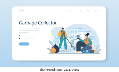 Cleaning service web banner or landing page. Cleaning staff with special equipment. Janitor worker cleaning street and sorting garbage. Flat vector illustration