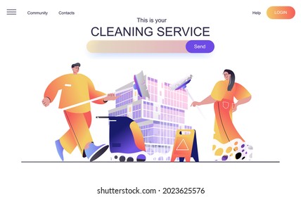 Cleaning service web concept for landing page. Cleaning team with mops, bringing order and cleanliness in office and at home banner template. Vector illustration for web page in flat cartoon design