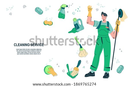 Cleaning service website banner design in doodle style, cartoon vector illustration. Cleaning company advertising web page or flyer template with cleaning and household tools.
