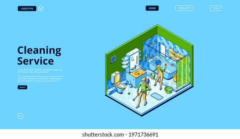 Cleaning service website with cleaners in bathroom. Professional household work, wash and disinfect. Vector landing page with isometric people with spray and sponge in home bathroom